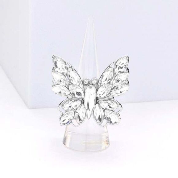 Butterfly Clear Marquise Rhinestone Silver Stretch Ring - Picture 2 of 6